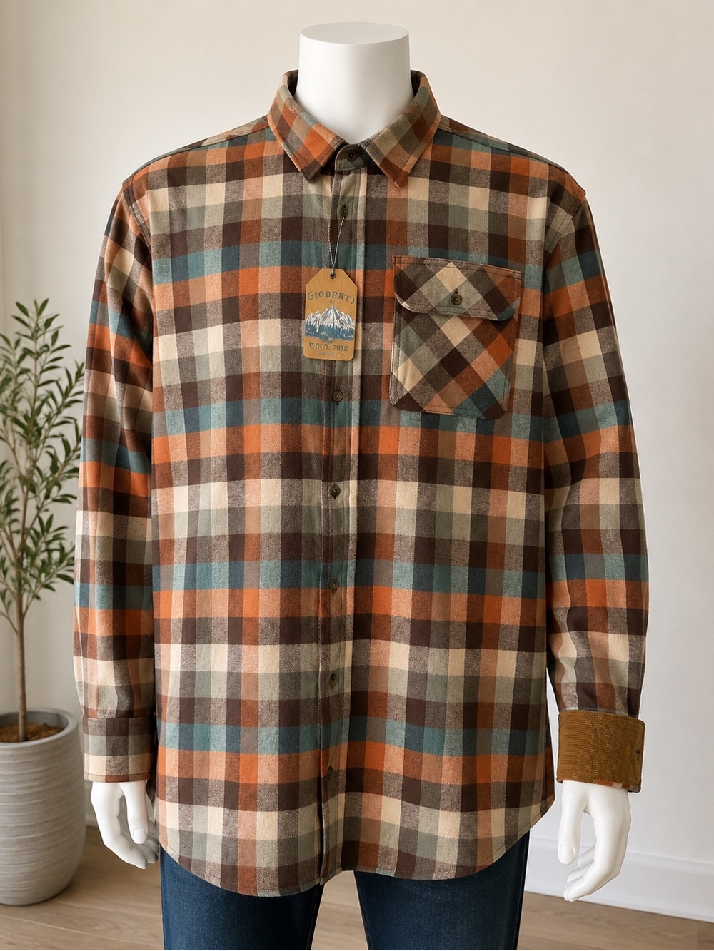 Gioberti 3XL Plaid Flannel Shirt NWT Corduroy Trim Button Up